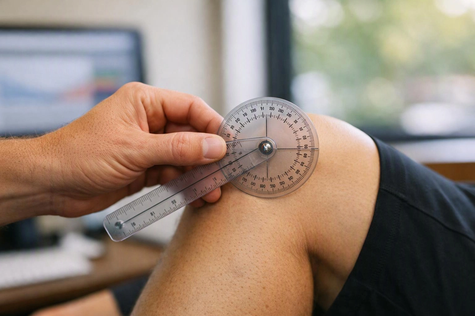 A hand measures a bent knee with a transparent goniometer in a bright room