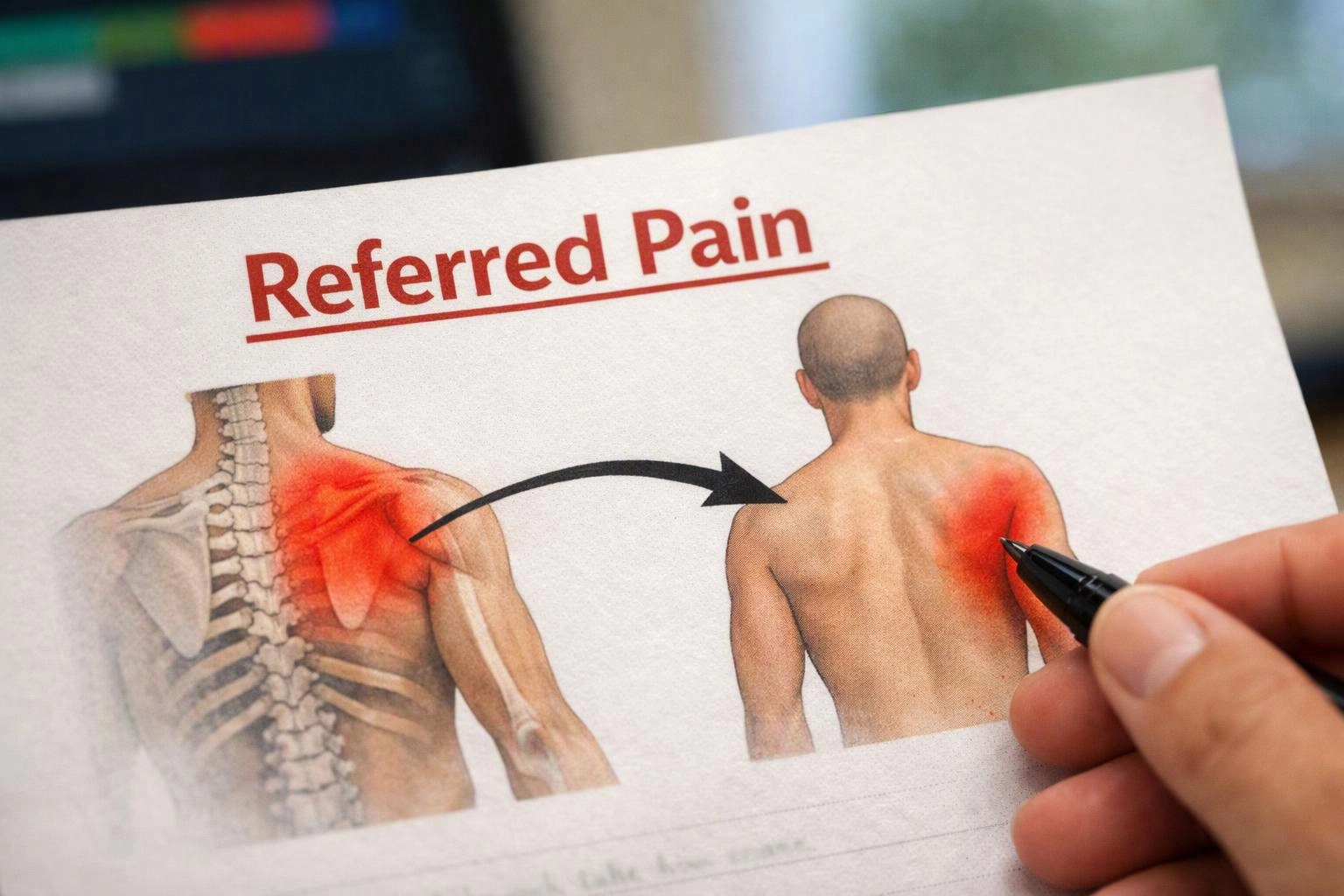 A hand points to a medical diagram labeled "Referred Pain" showing a back and shoulder pain illustration