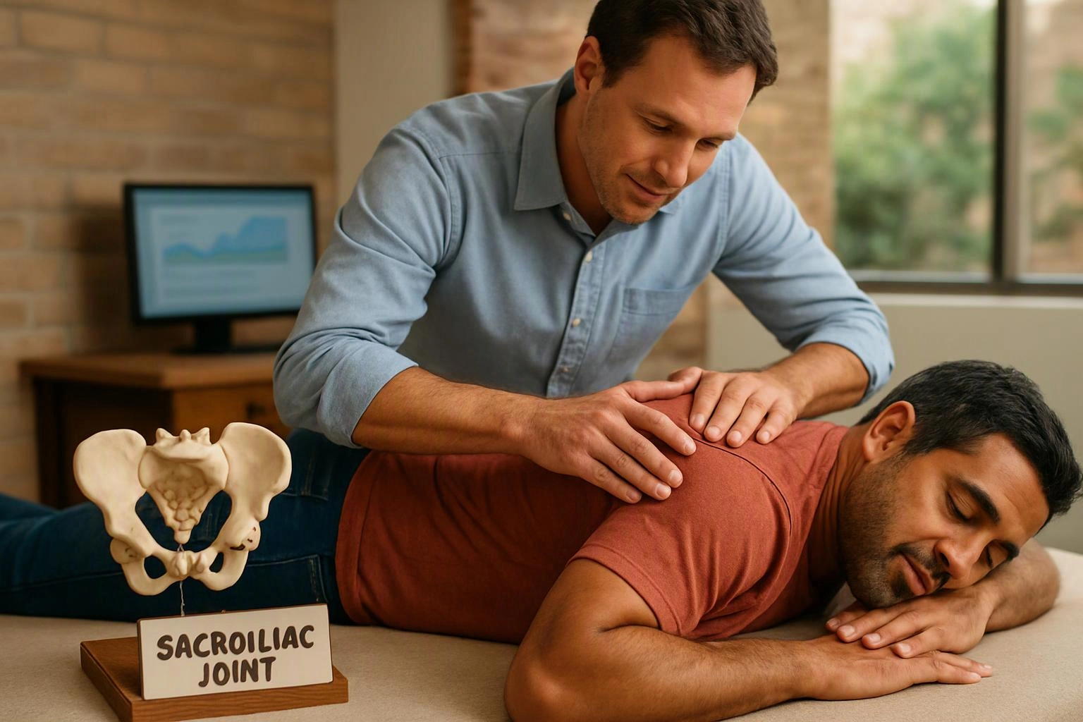 A man presses another man’s lower back on a treatment table, with a pelvis model labeled “Sacroiliac Joint” nearby