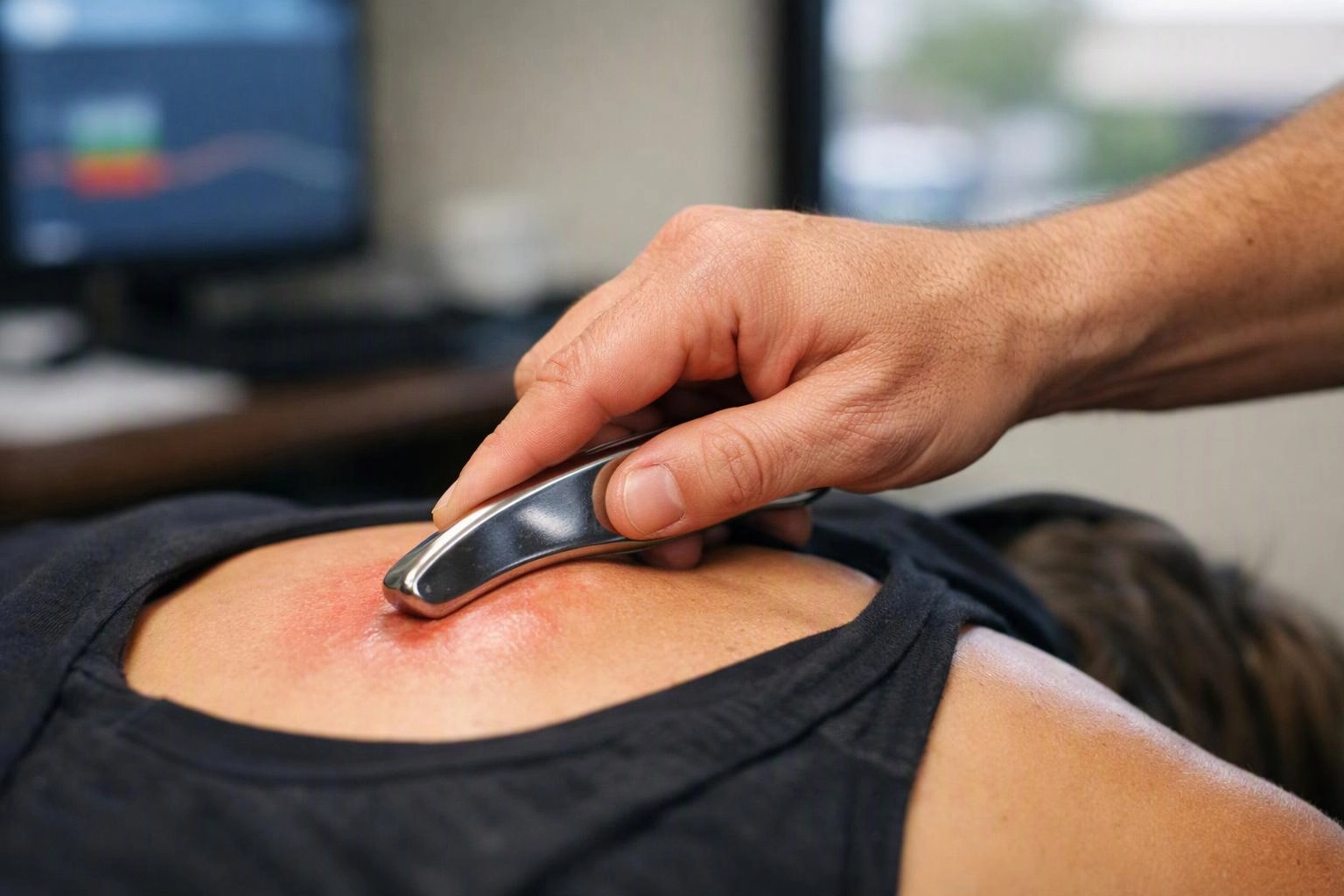 A hand presses a metal massage tool into a person’s upper back in a clinic setting