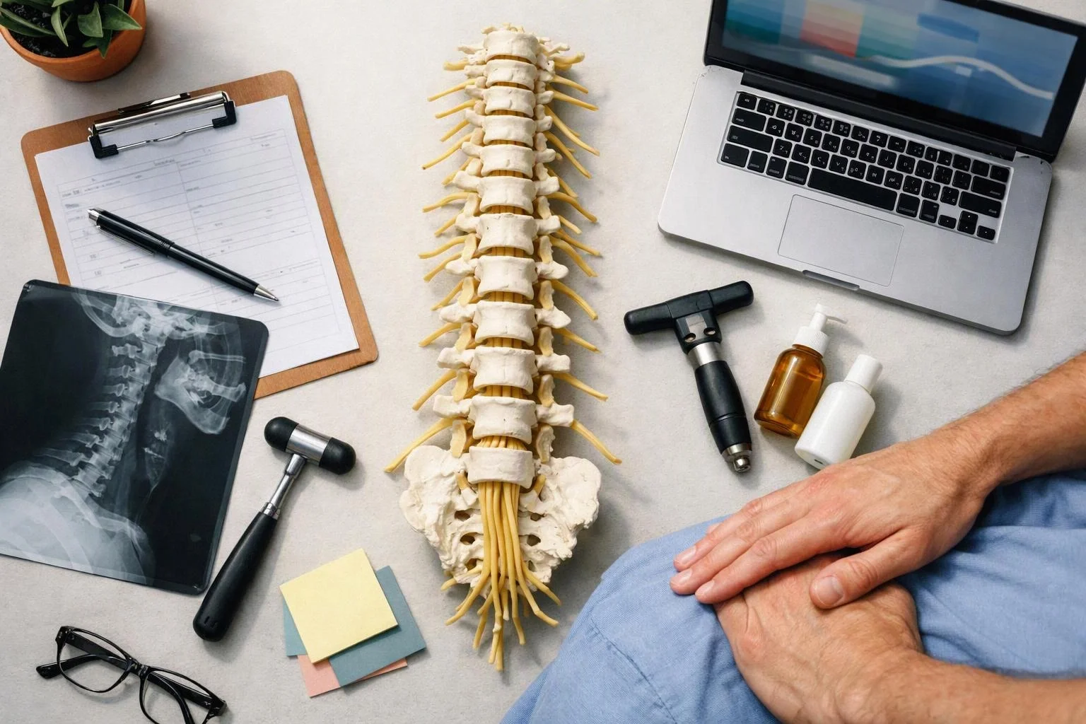 A medical desk scene shows a spine model, X-ray, tools, laptop, clipboard, and hands resting on a knee