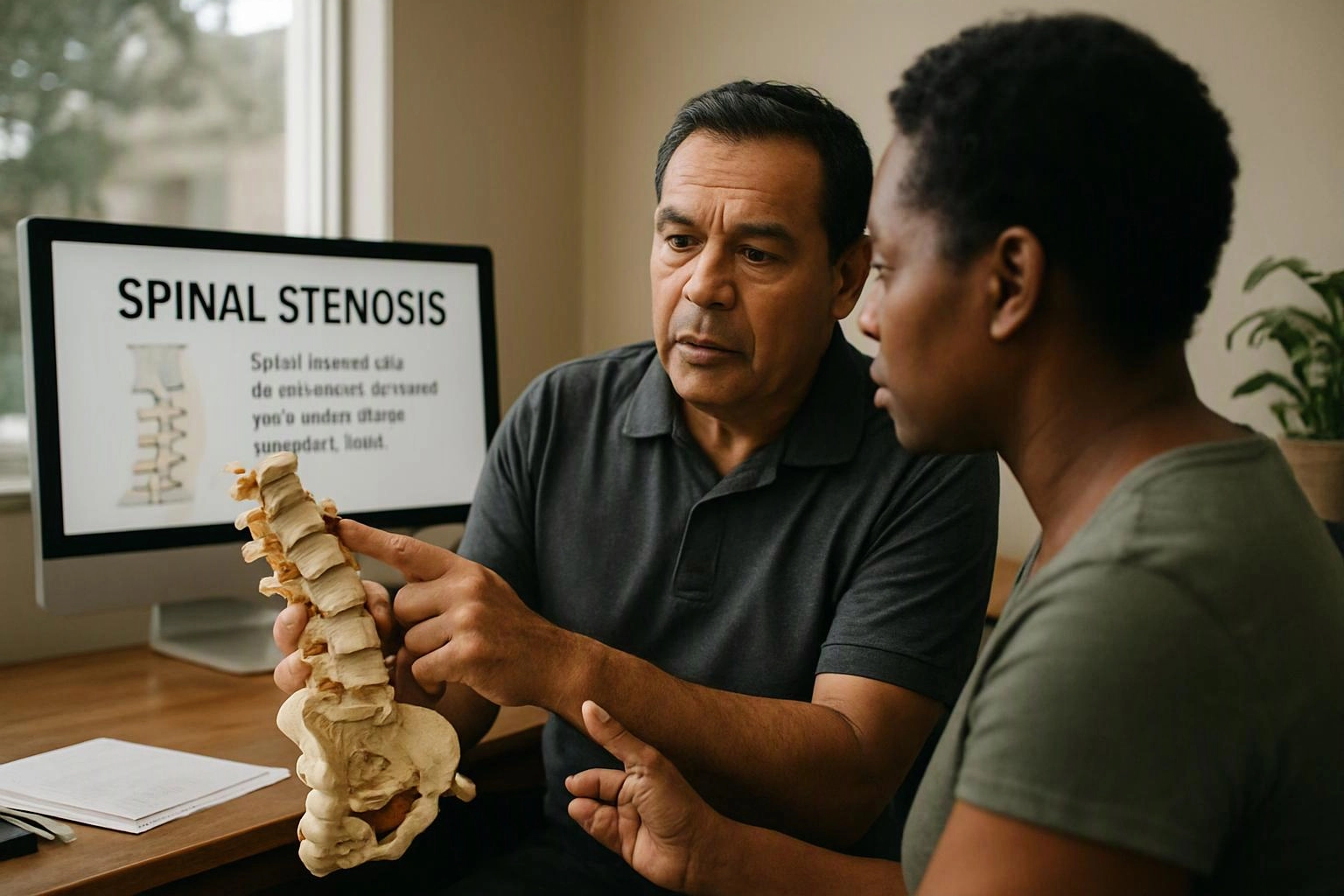 Two people examine a spine model beside a monitor showing “SPINAL STENOSIS” in a bright office