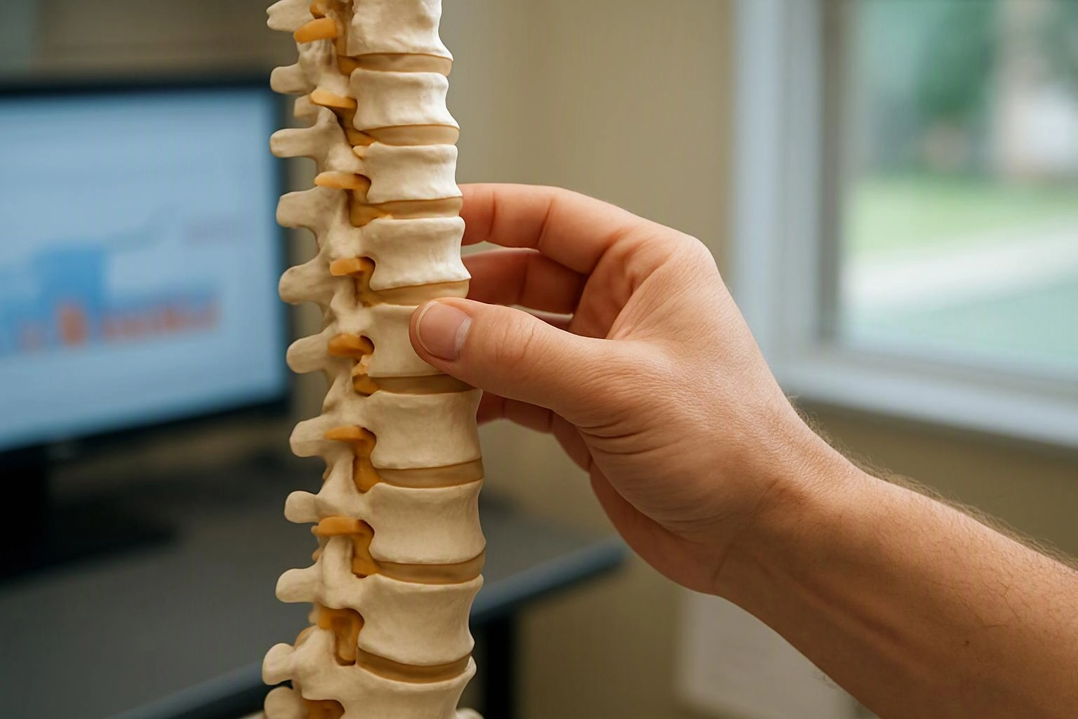 A hand holds a spine model beside a blurry computer screen and window in a bright room