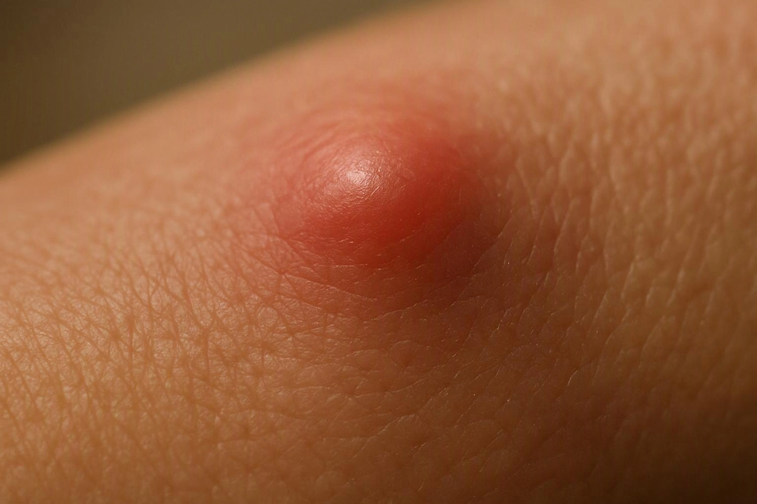 A red, raised skin bump sits on a close-up of a person’s hand or finger