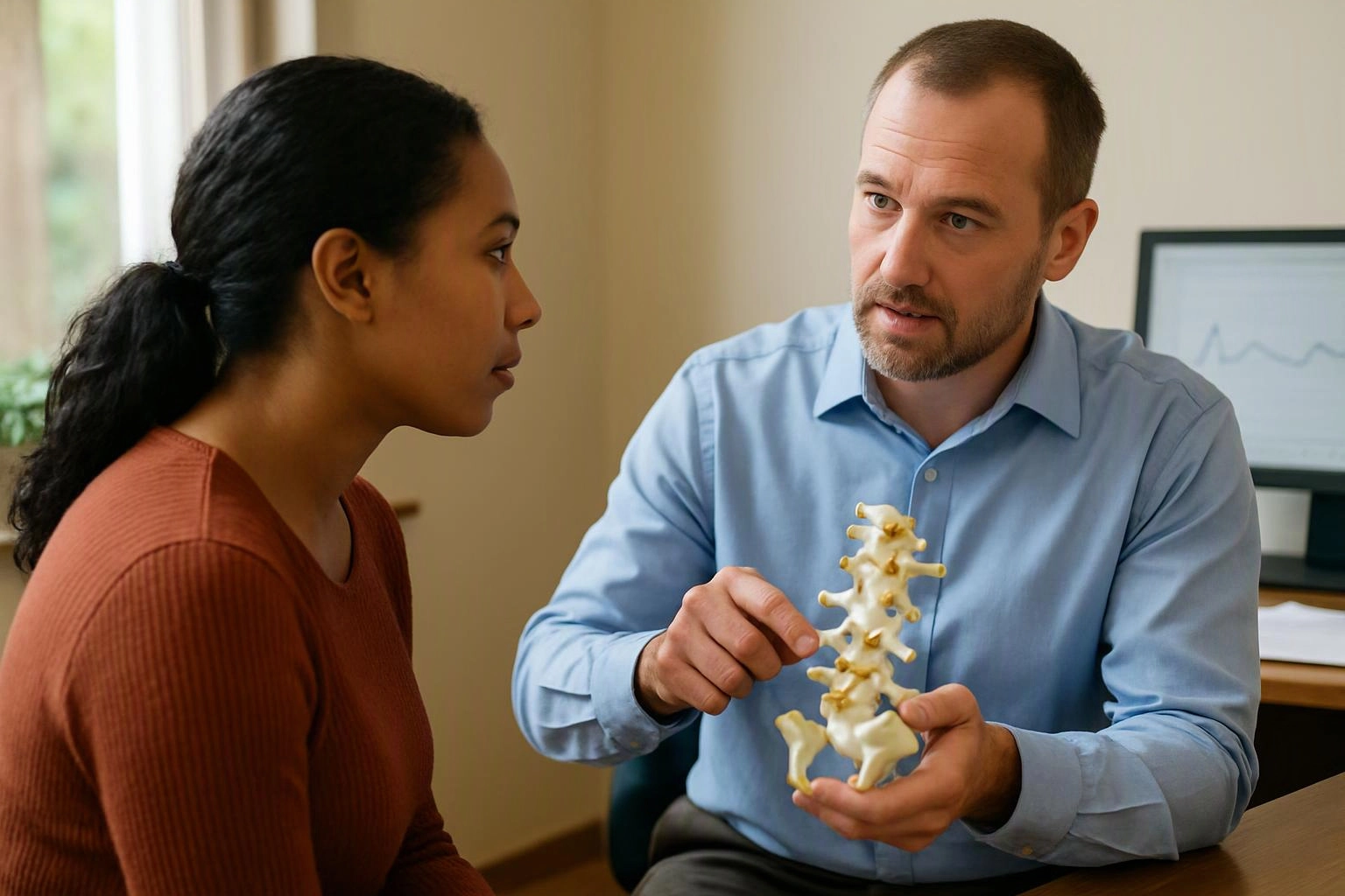 A doctor shows a spine model to a seated woman in a bright office room