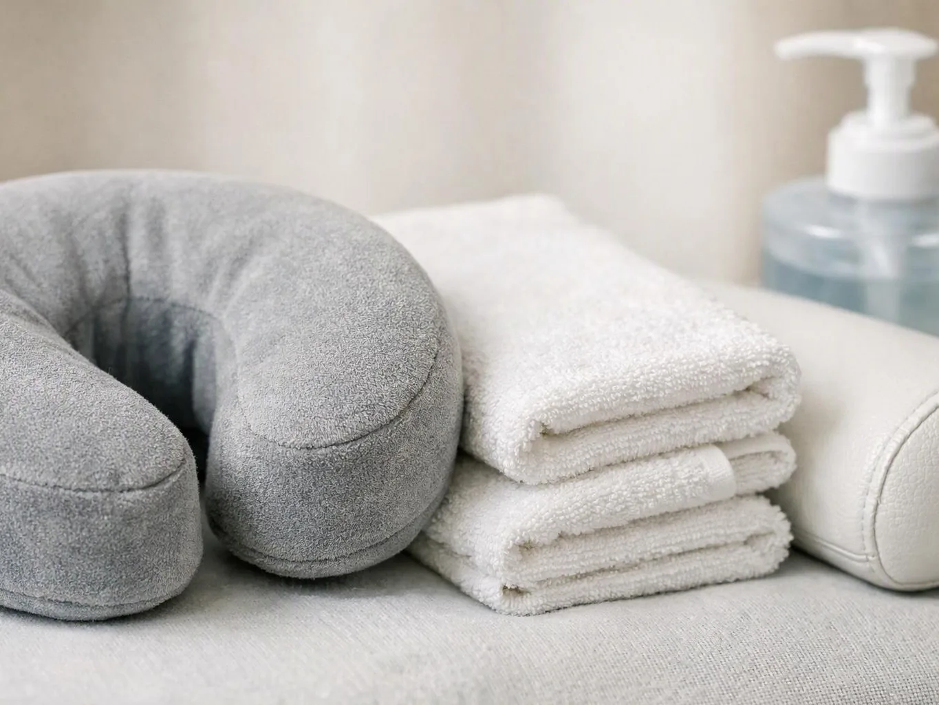 Gray neck pillow and folded white towels sit beside a soap dispenser on a soft sofa