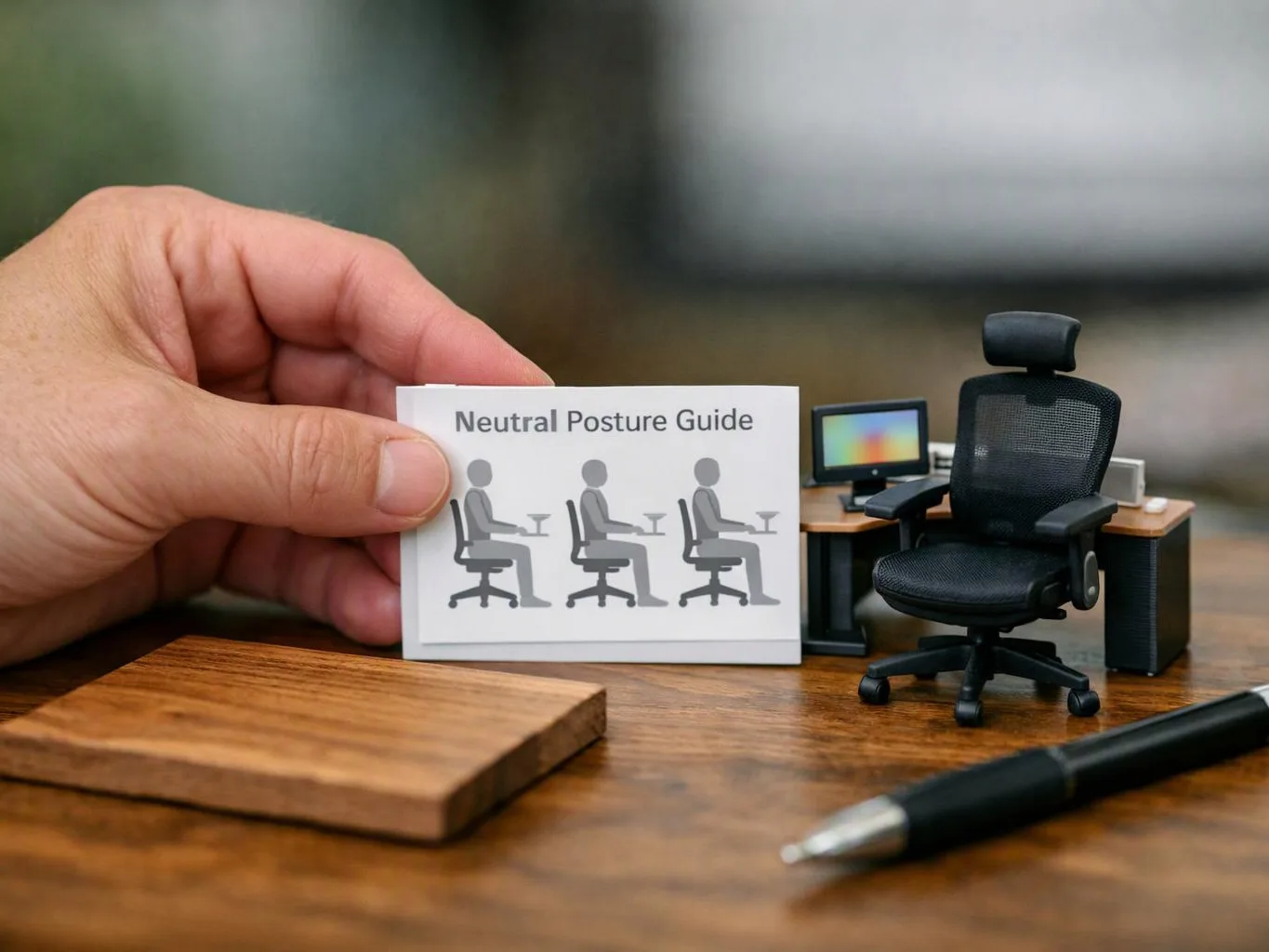 A hand holds a card reading "Neutral Posture Guide" beside a miniature office chair and desk on a wooden table