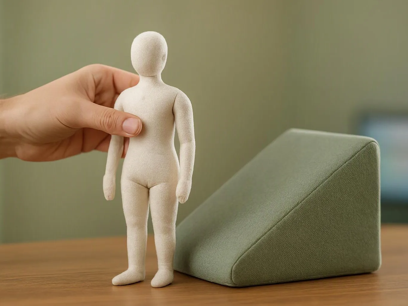 A hand holds a small white mannequin beside a green wedge-shaped cushion on a wooden table