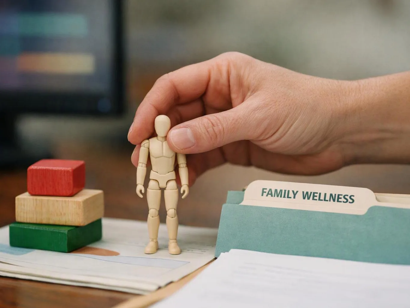 A hand holds a small wooden figure beside stacked blocks and a folder labeled “FAMILY WELLNESS”