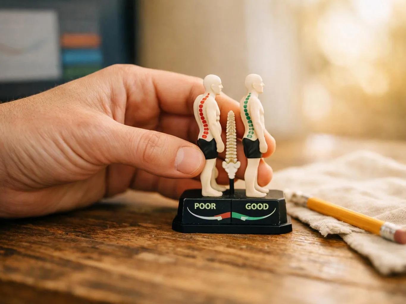 A hand holds two spine figurines on a base labeled poor and good beside a pencil on a table