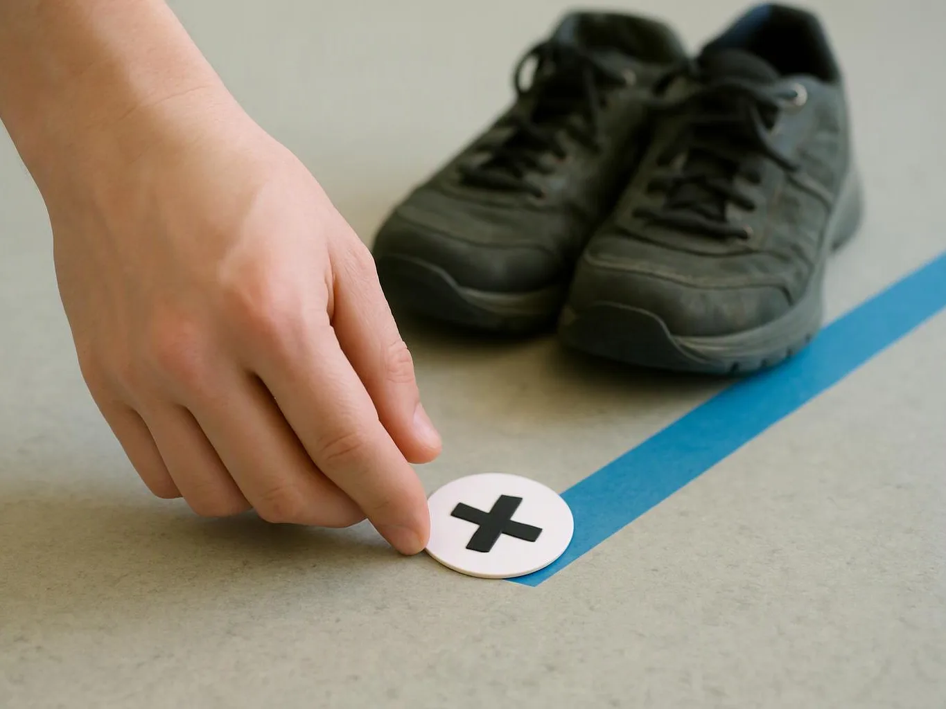 A hand places a white circle with a black plus beside black sneakers on a taped floor line