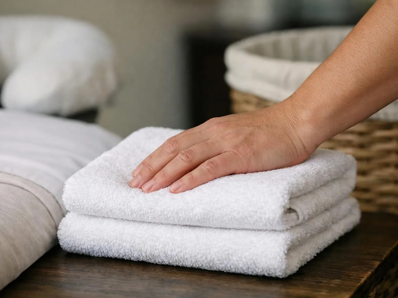 A hand rests on folded white towels beside a wicker basket on a wooden surface