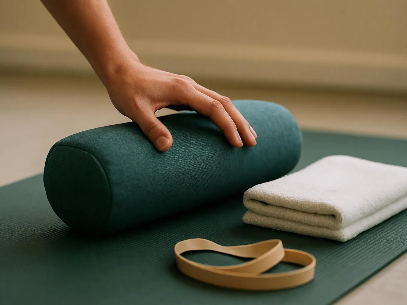 A hand rests on a green yoga bolster beside folded white towels and a tan strap on a mat