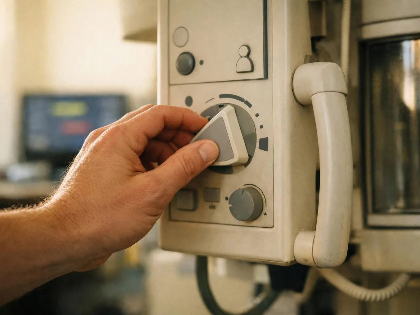 A hand turns a control knob on a beige medical machine with a side handle indoors