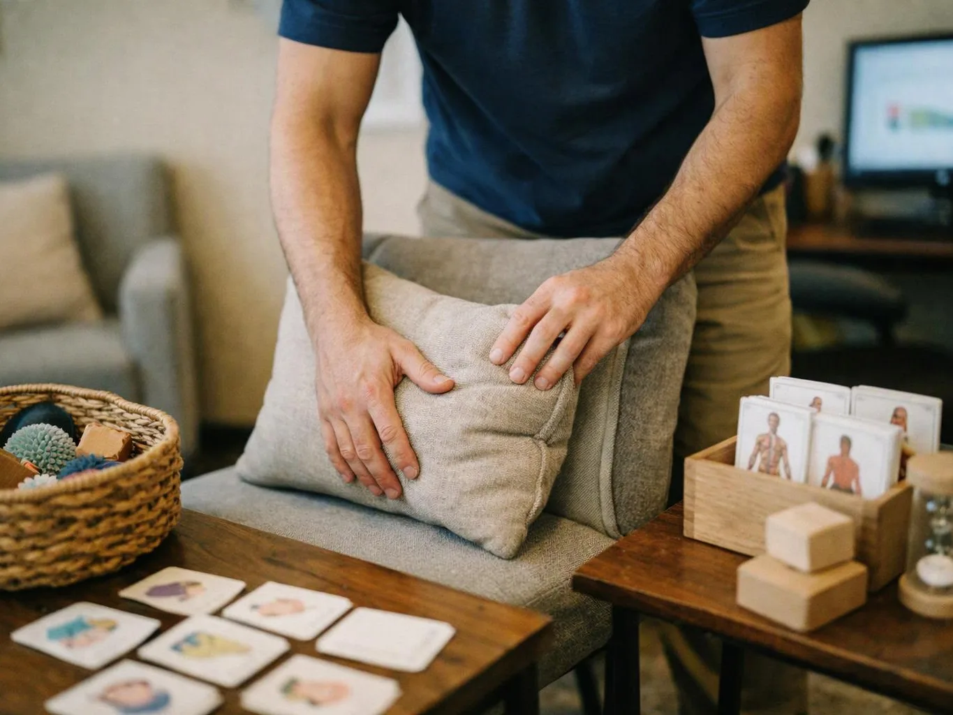 A man arranges beige cushions on a chair beside tables with cards and small wooden blocks