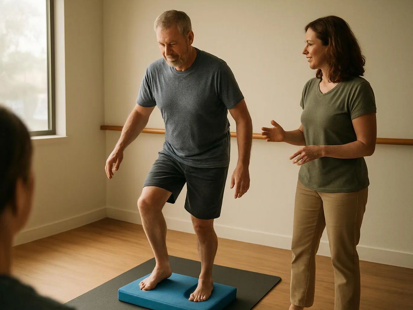 A man balances on a foam block while a woman stands beside him in a bright exercise studio