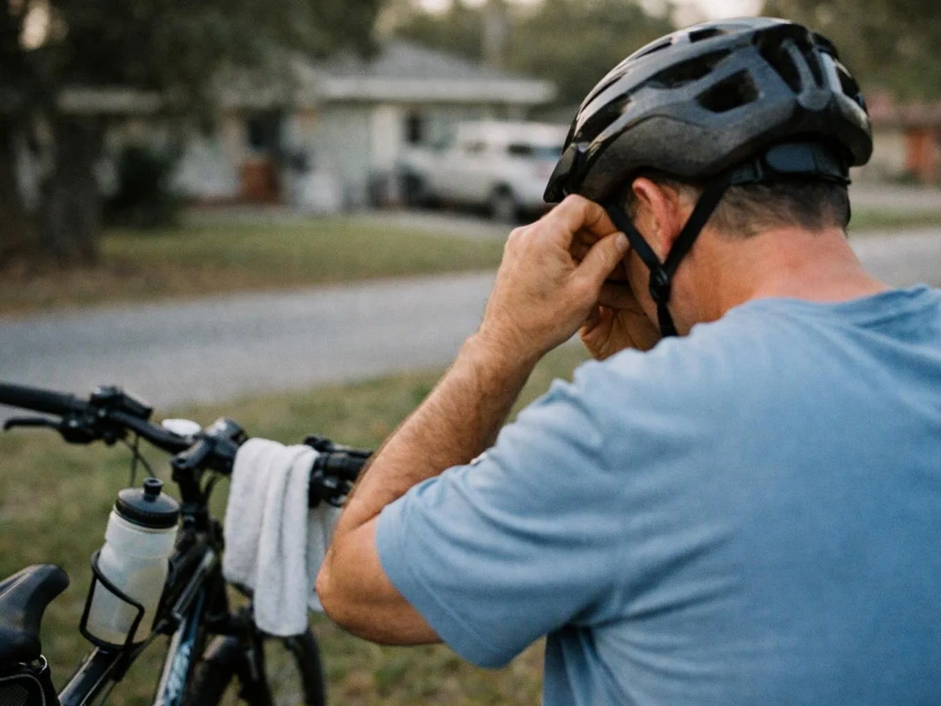 A man on a bicycle adjusts his helmet strap on a quiet suburban street