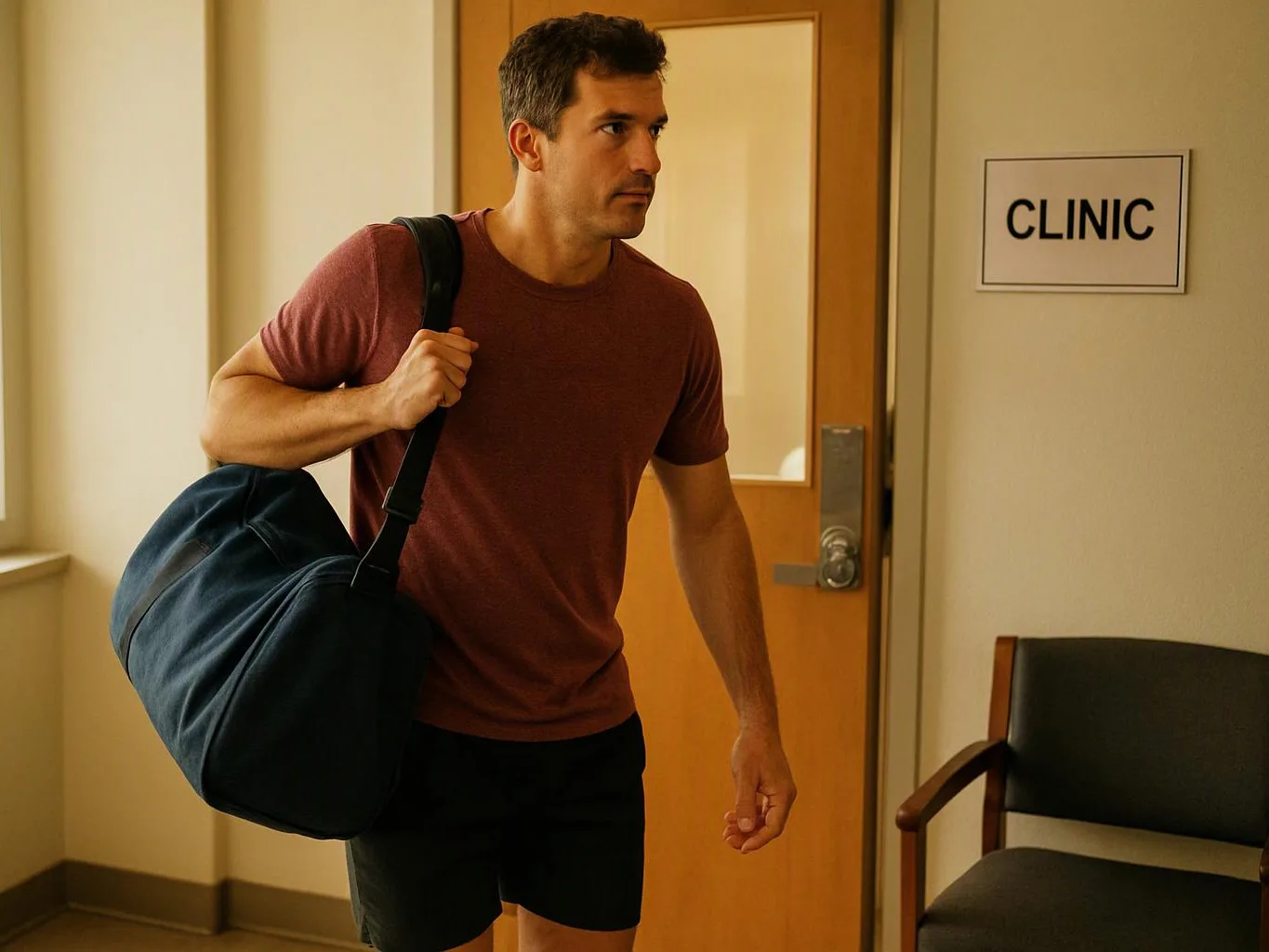 A man carrying a duffel bag stands by a door marked “CLINIC” in a waiting room