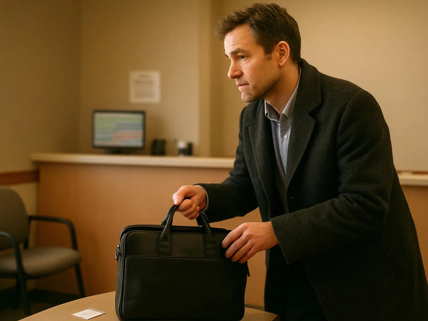 A man in a dark coat grips a black briefcase at a table in a waiting room