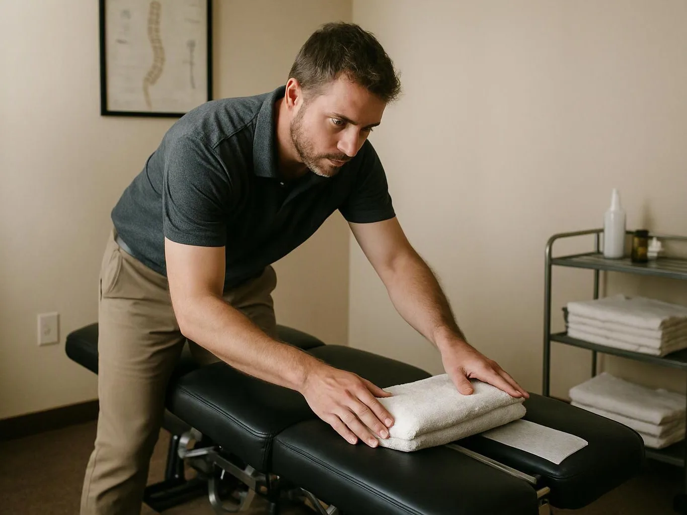 A man folds a white towel on a black massage table in a calm treatment room