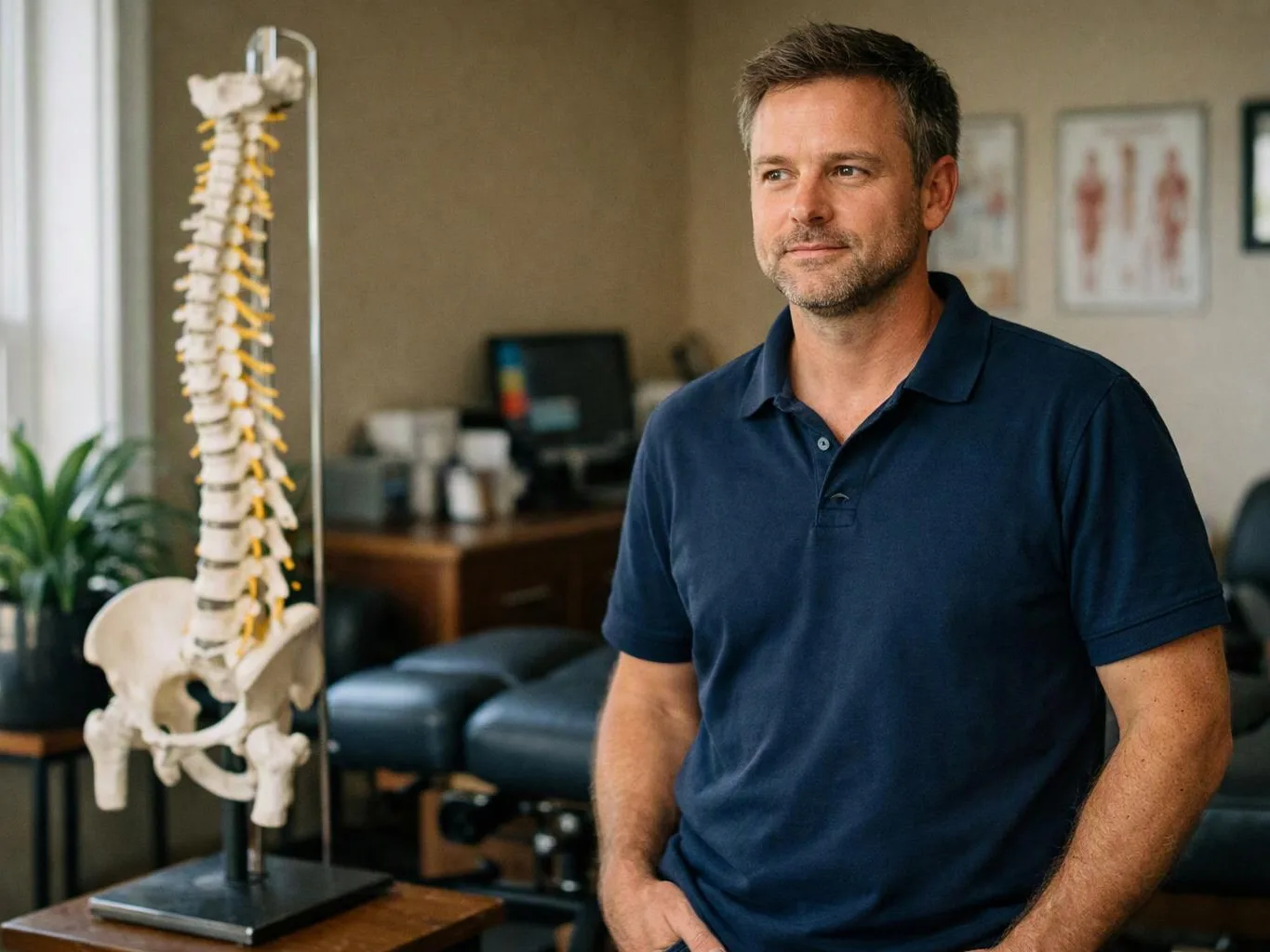 A man in a navy polo stands beside a spine model inside a treatment room