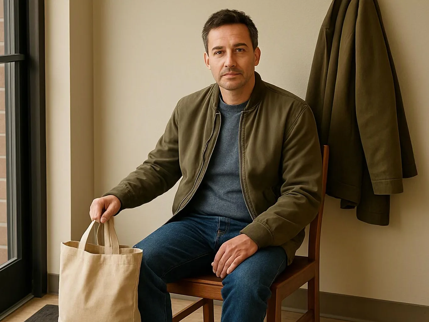 A man sits on a wooden chair holding a beige tote bag beside a window and hanging coat