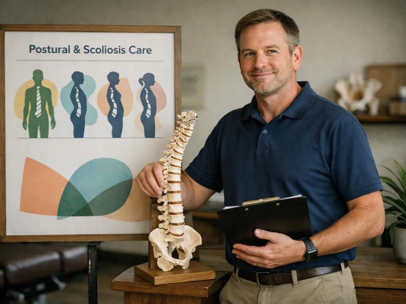A man stands beside a spine model and a poster reading “Postural & Scoliosis Care” in a clinic room