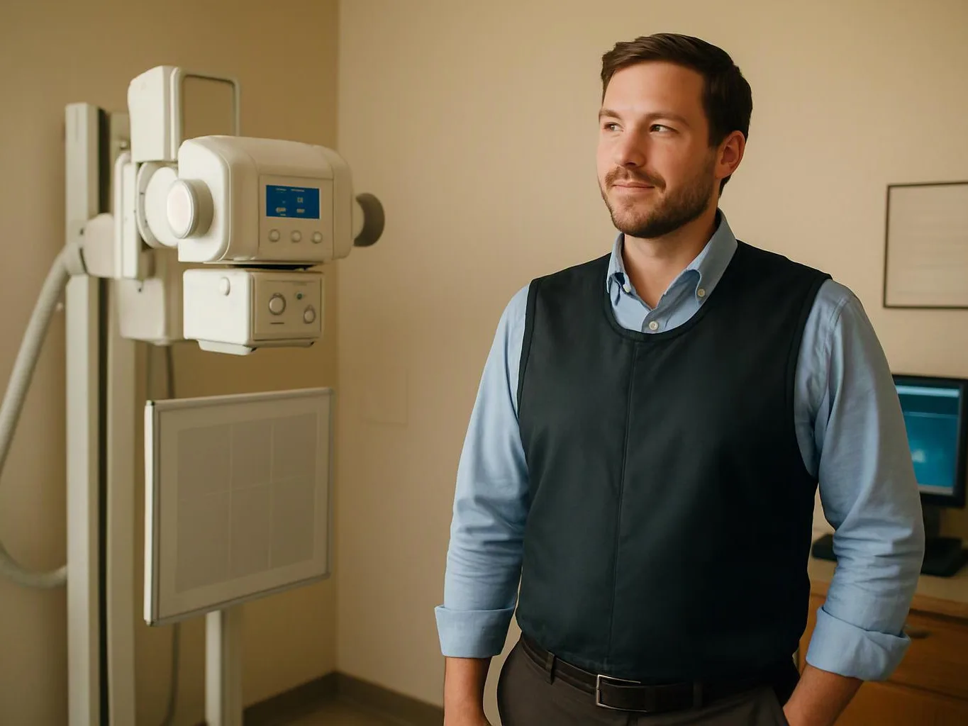 A man stands beside an X-ray machine in a medical imaging room