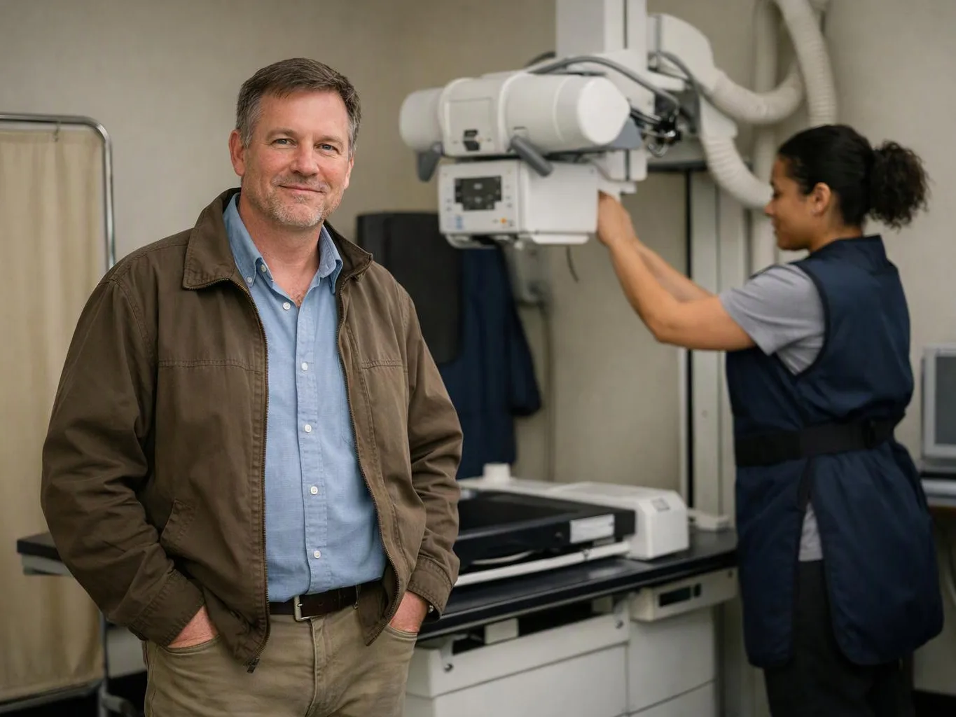 A man stands smiling in an X-ray room while a technician adjusts the imaging machine behind him