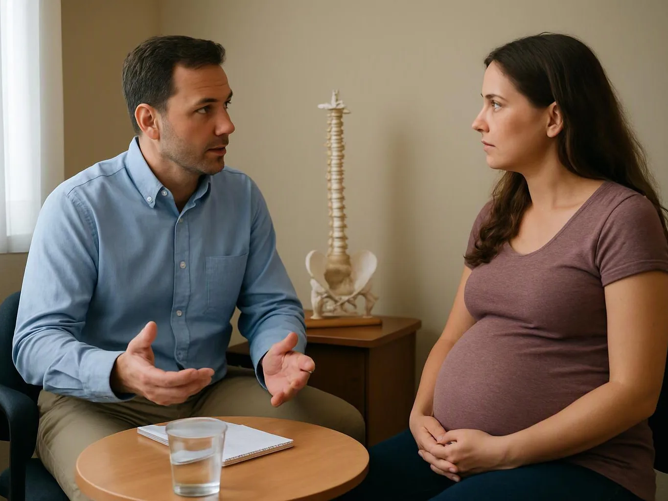 A man talks with a pregnant woman in a medical office, with a spine model and table between them
