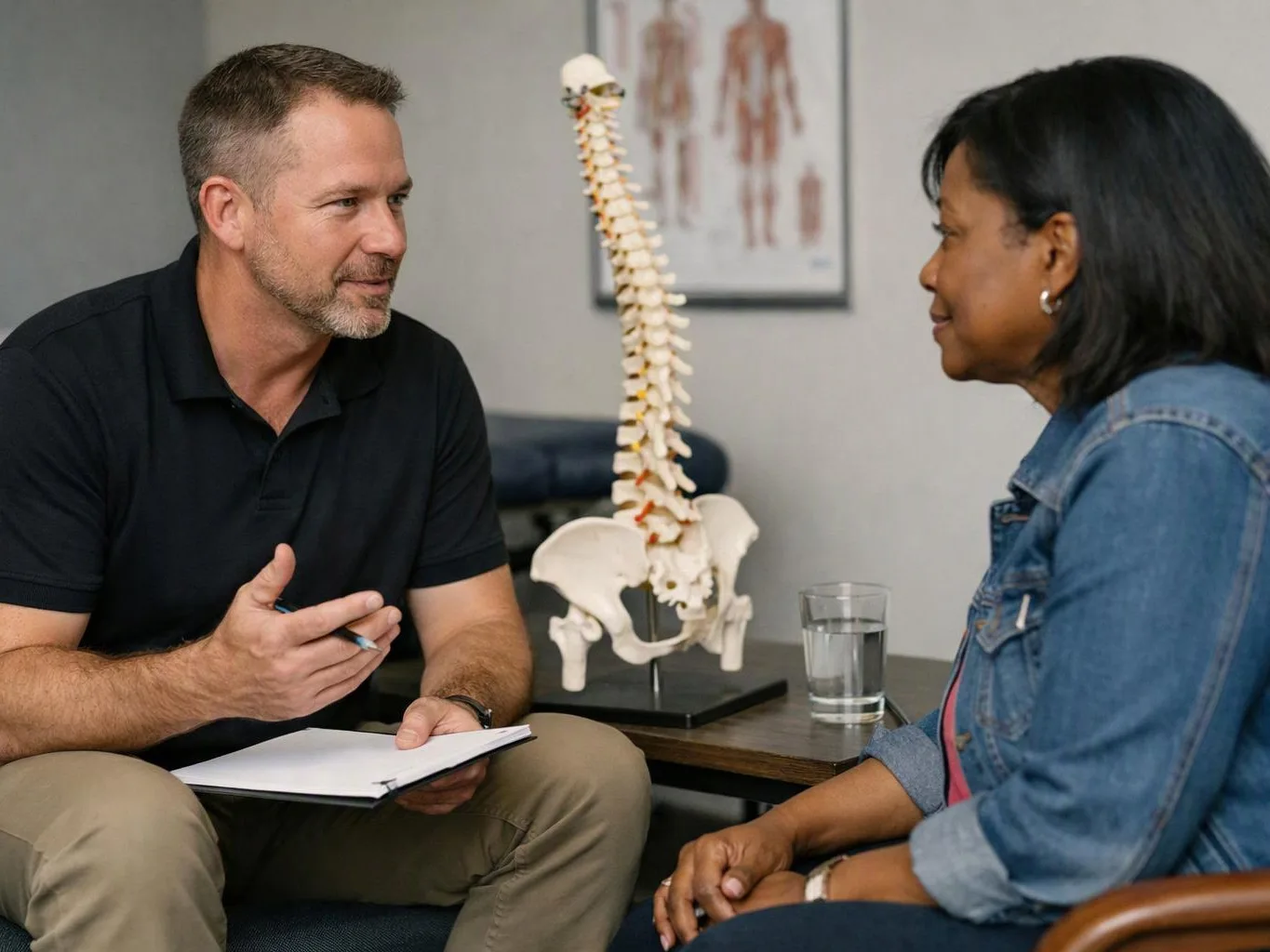 A man talks with a woman in an exam room beside a spine model and a glass of water