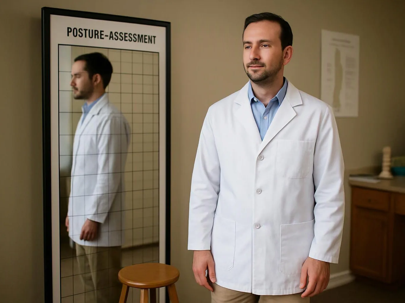 A man in a white lab coat stands beside a posture-assessment mirror in a clinic room