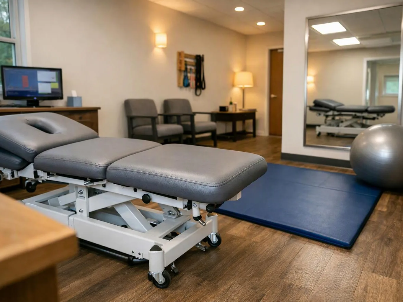 A padded exam table sits in a therapy room with chairs, a mirror, a blue mat, and a silver exercise ball