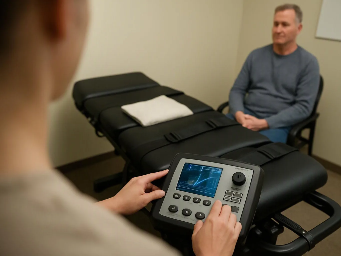 A person adjusts a therapy table controller while a seated man waits in a small exam room