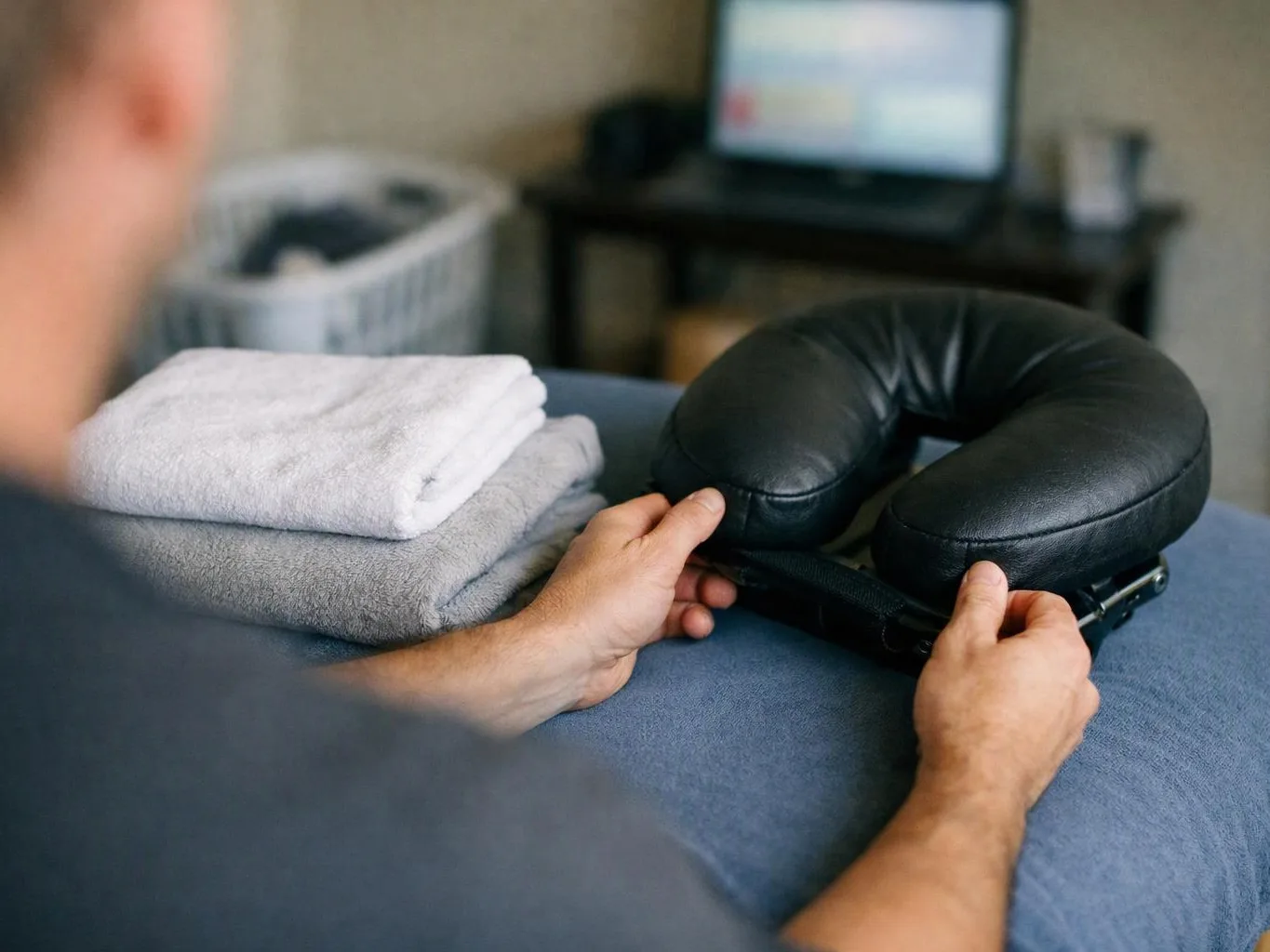 A person arranges folded towels and a black neck pillow on a massage table in a room with a laptop in the background