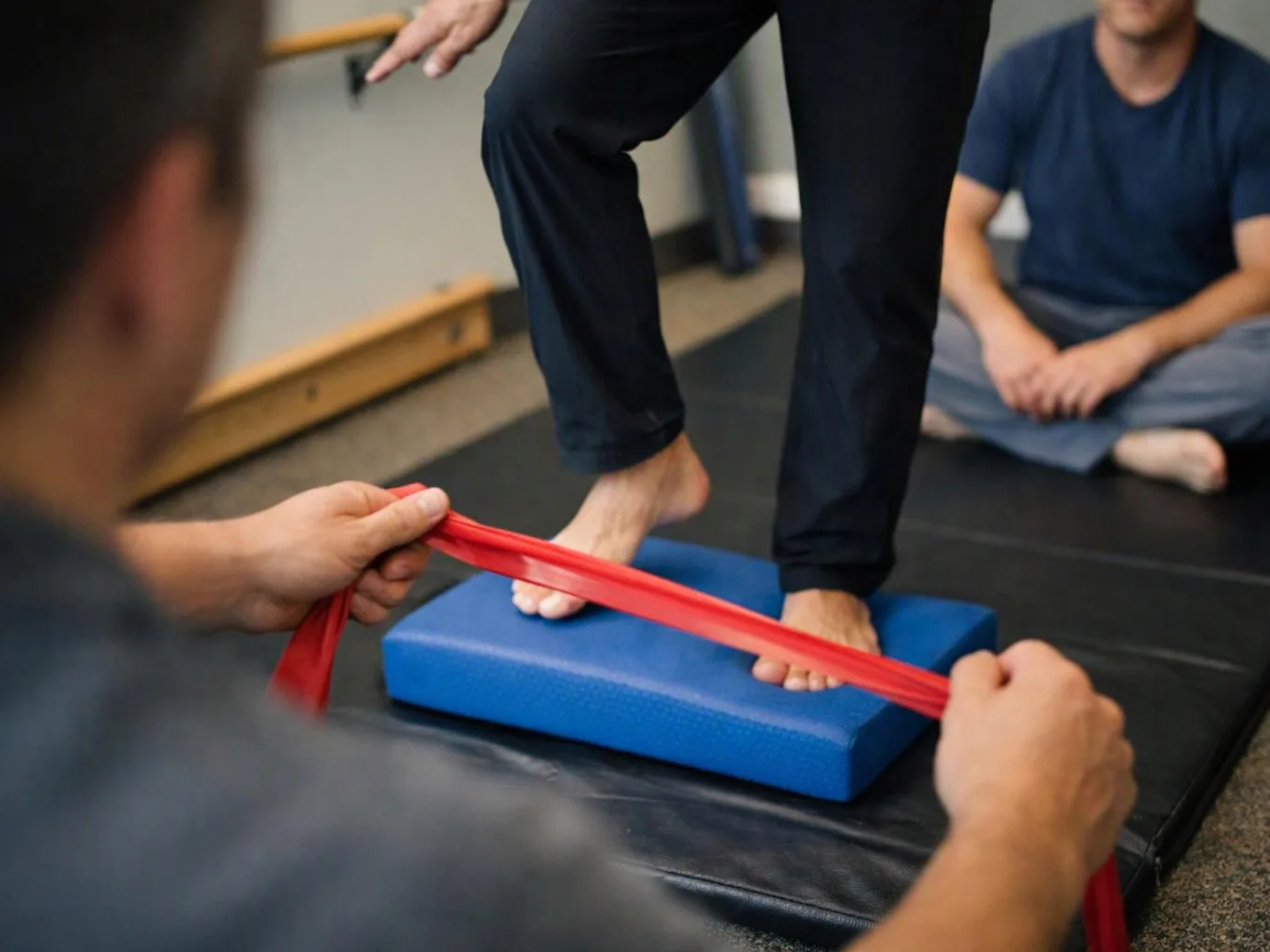 A person balances barefoot on a blue foam block while others stretch a red resistance band in a gym room