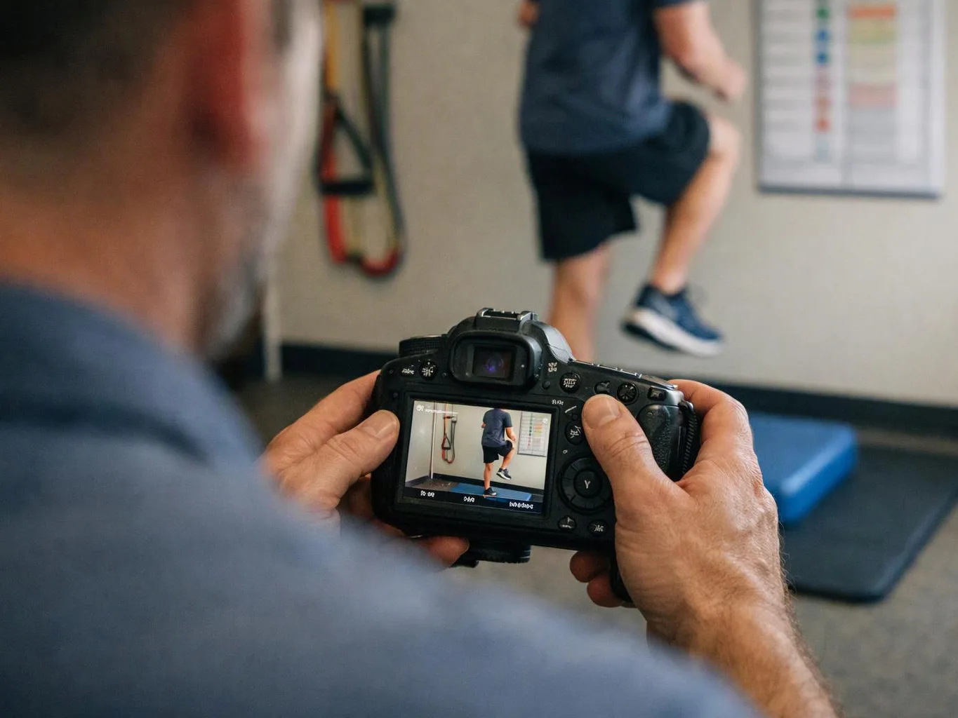 A person films another person doing a knee raise in a gym, holding a camera in the foreground