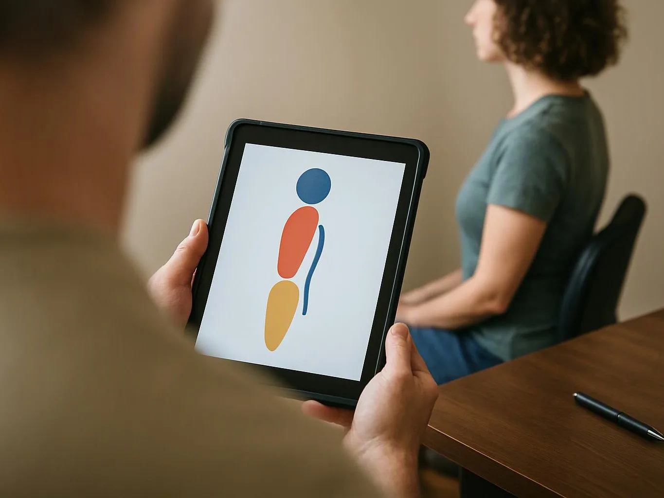 A person holds a tablet showing a simple human figure icon while another sits beside a table in a plain room