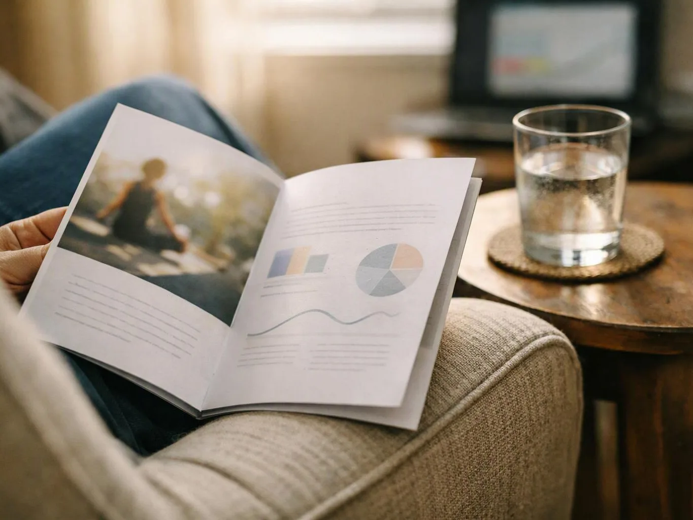 A person reads an open magazine on a couch beside a glass of water on a small table