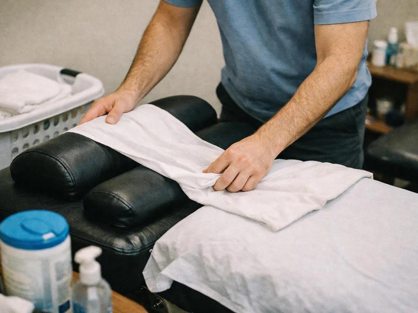 A person smooths a white towel over a padded massage table in a treatment room