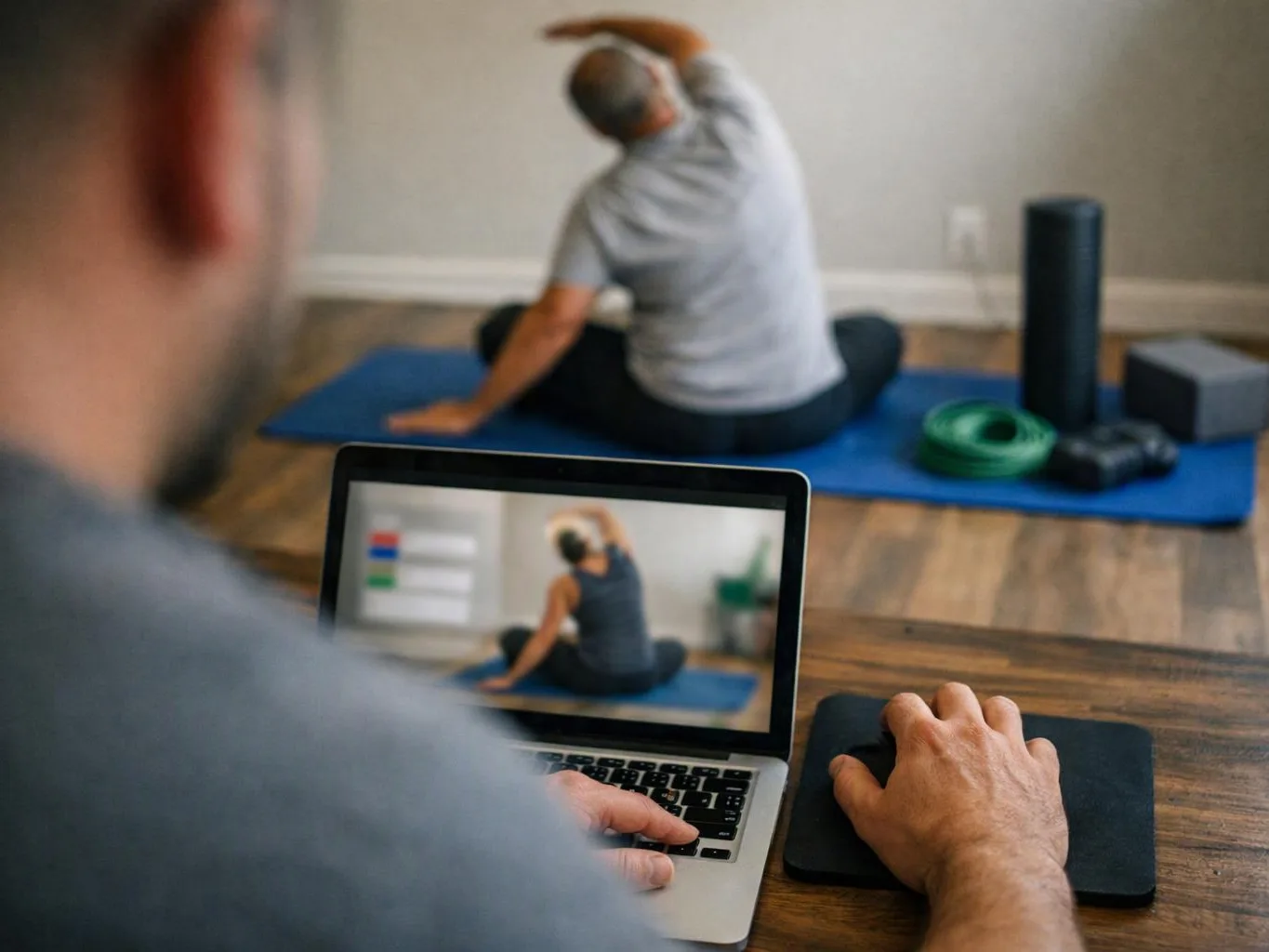 A person watches an exercise video on a laptop while another stretches on a blue mat in a home room