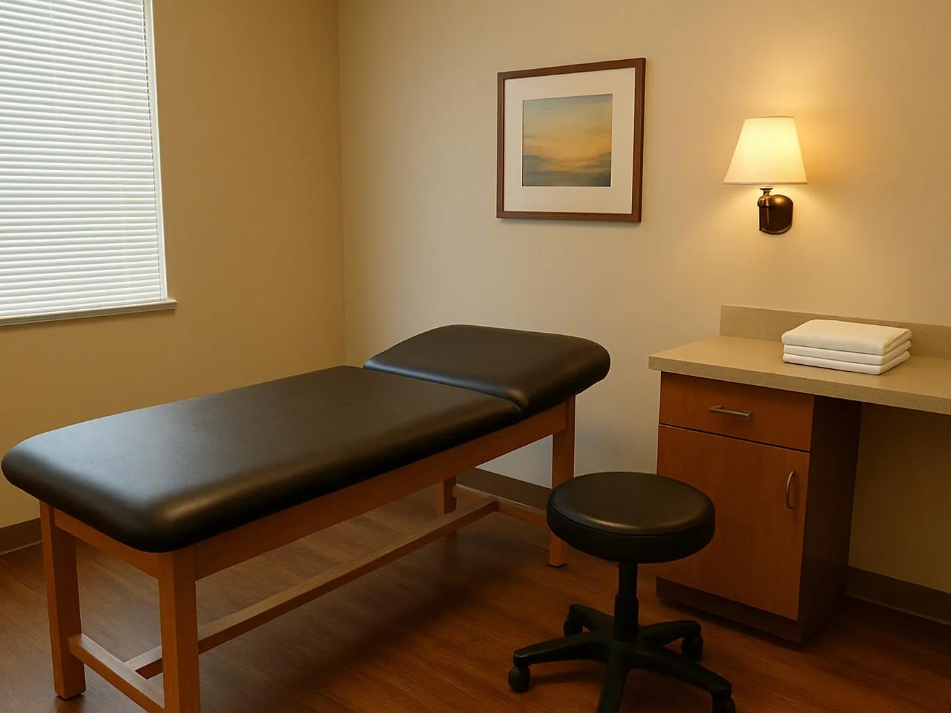 A quiet exam room with a padded table, stool, counter, lamp, window, and framed picture