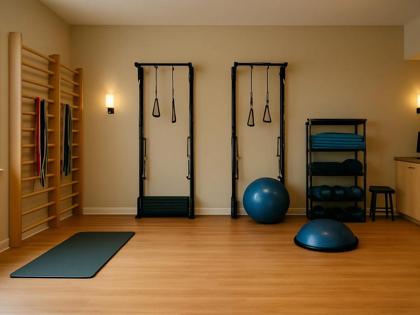A quiet exercise room shows mats, balance balls, wall bars, and hanging straps on beige walls