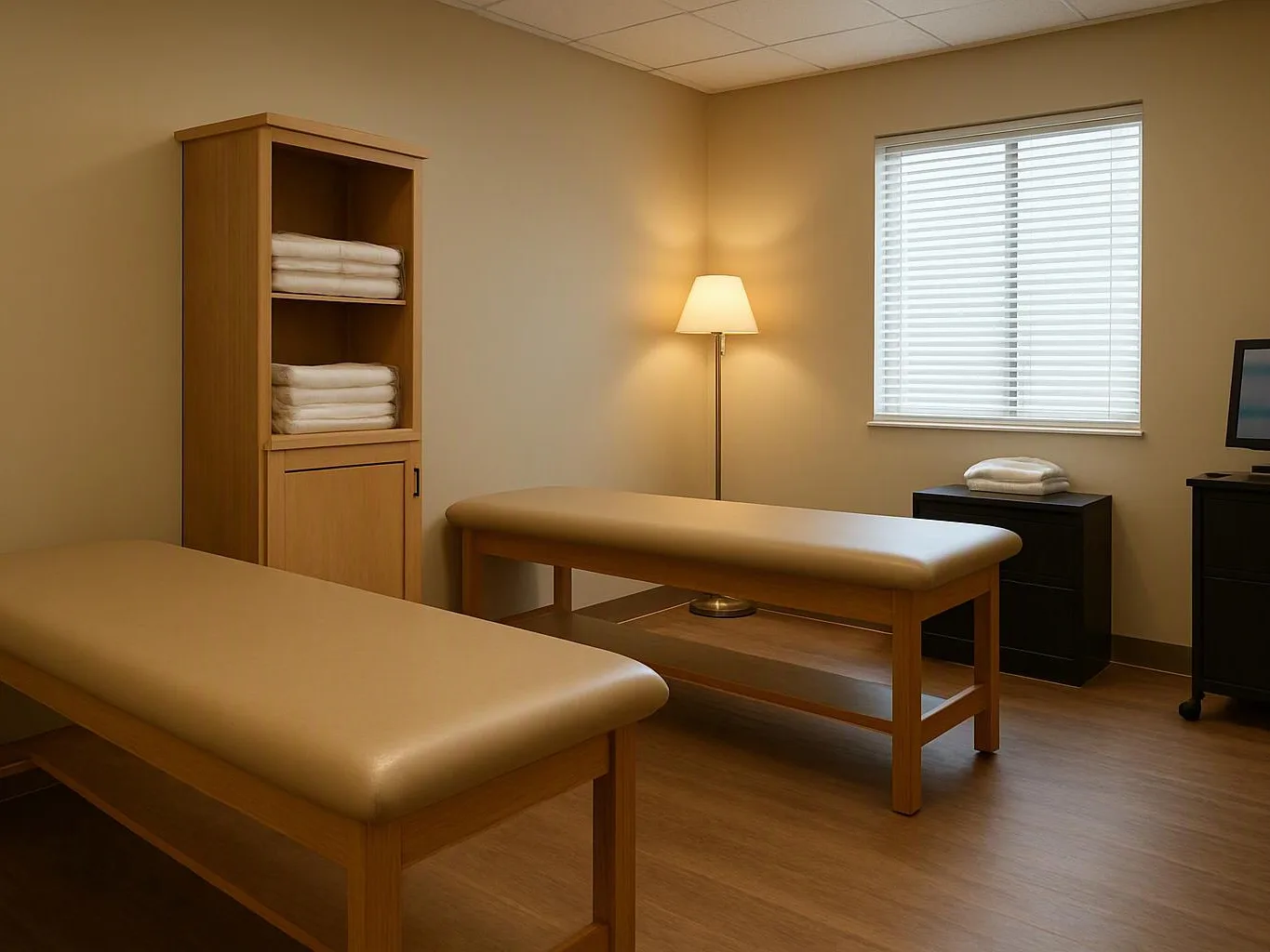 A quiet massage room shows two padded tables, folded towels, a lamp, and a window with blinds