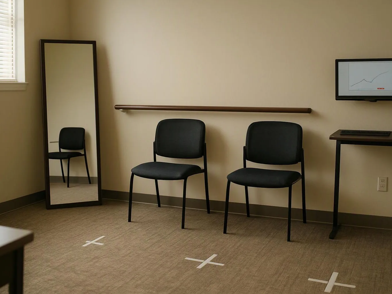 A quiet room with two black chairs, a full-length mirror, a wall rail, and a small wall monitor