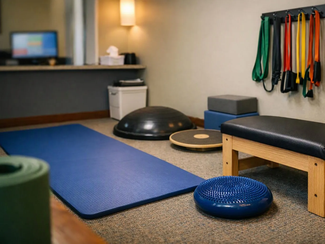 A quiet therapy room shows exercise mats, balance tools, a bench, and resistance bands on the wall