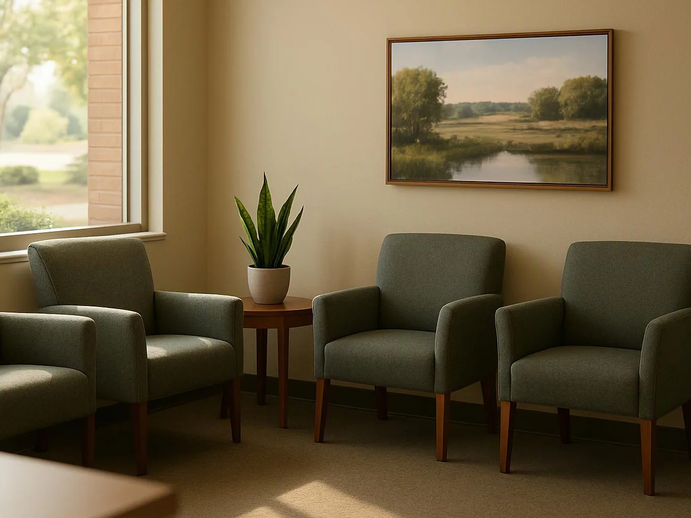 A quiet waiting room has green chairs, a small table with a potted plant, and a landscape painting on the wall