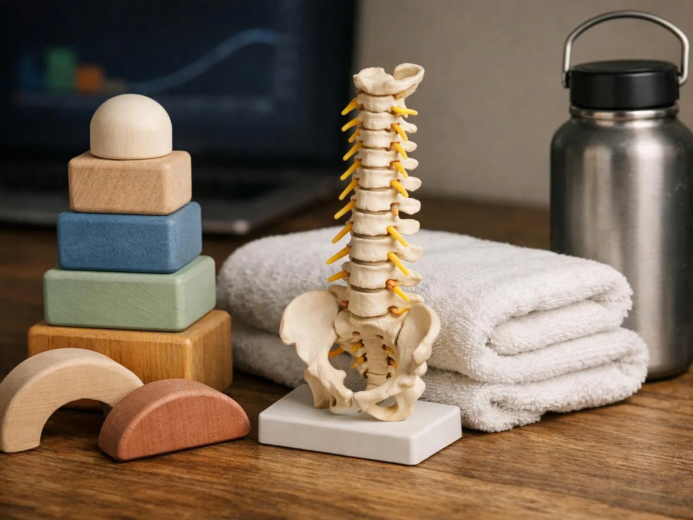 A small spine model stands beside stacked blocks, folded towels, and a metal water bottle on a wooden table