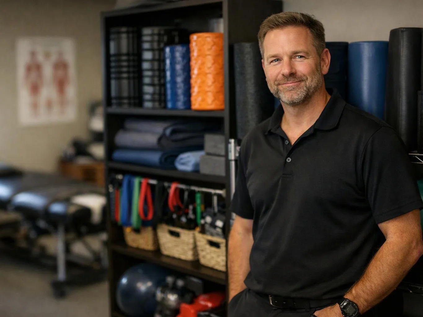 A smiling man in a black polo stands beside shelves of exercise equipment in a gym room