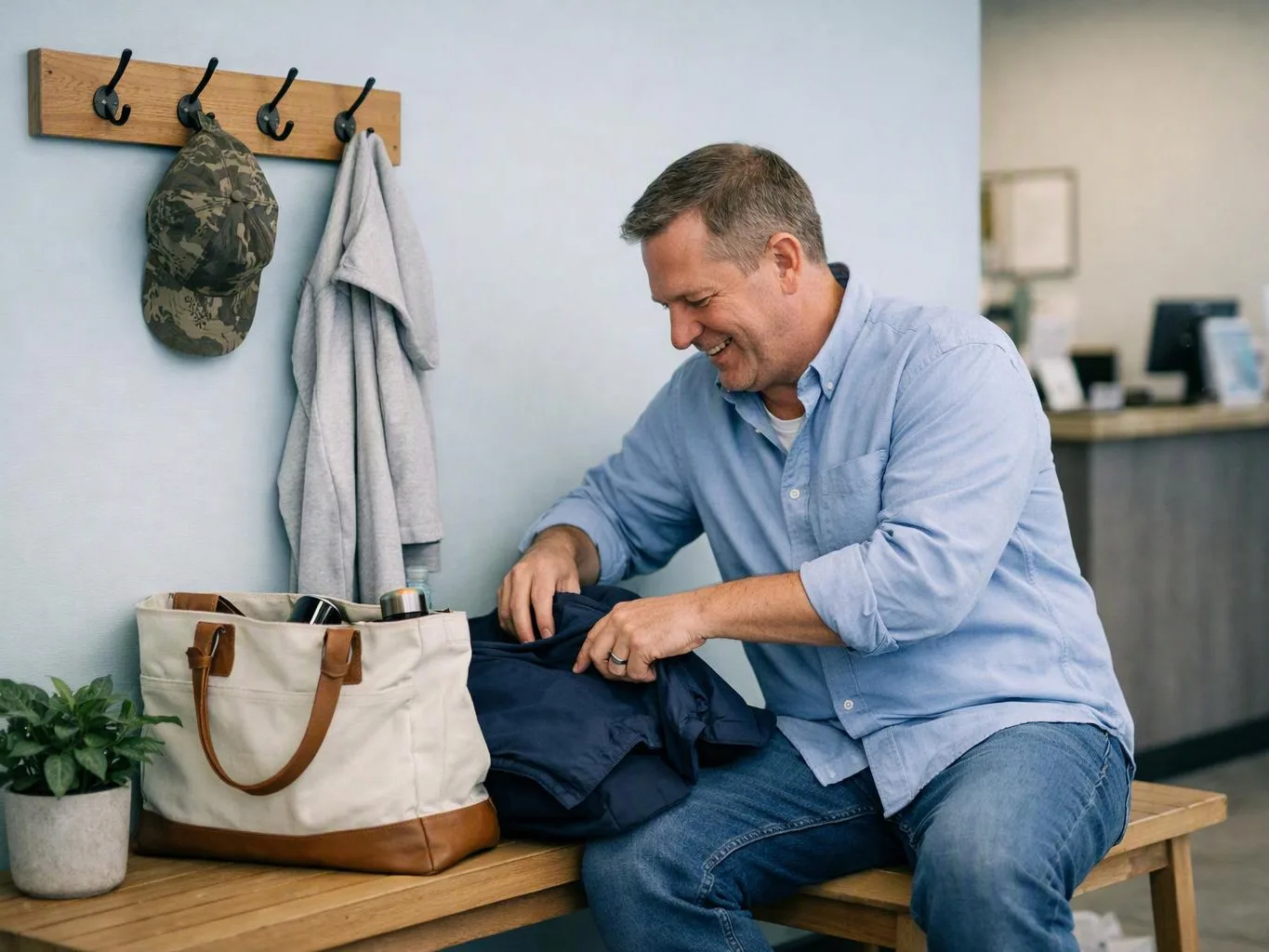 A smiling man folds clothes on a wooden bench beside hooks, a tote bag, and a small plant